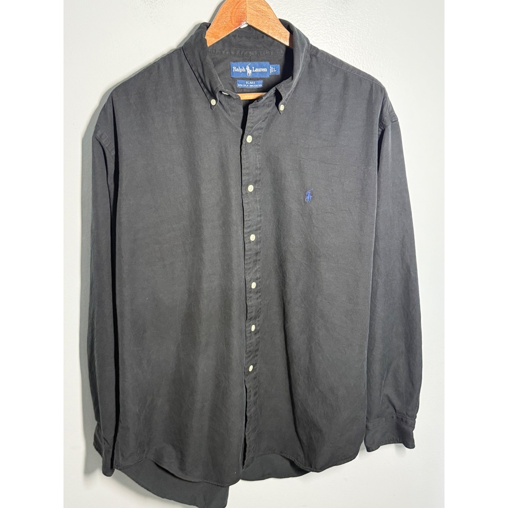 Vintage Ralph Lauren Blake Shirt Mens Large Black Silk Cotton Button Down Pony